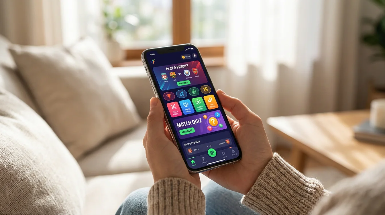 Persoon gebruikt een smartphone app om sportvoorspellingen te doen