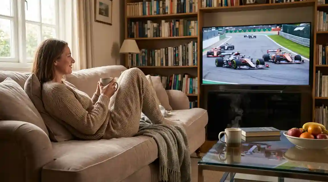 Persoon geniet ontspannen van een F1-race op televisie