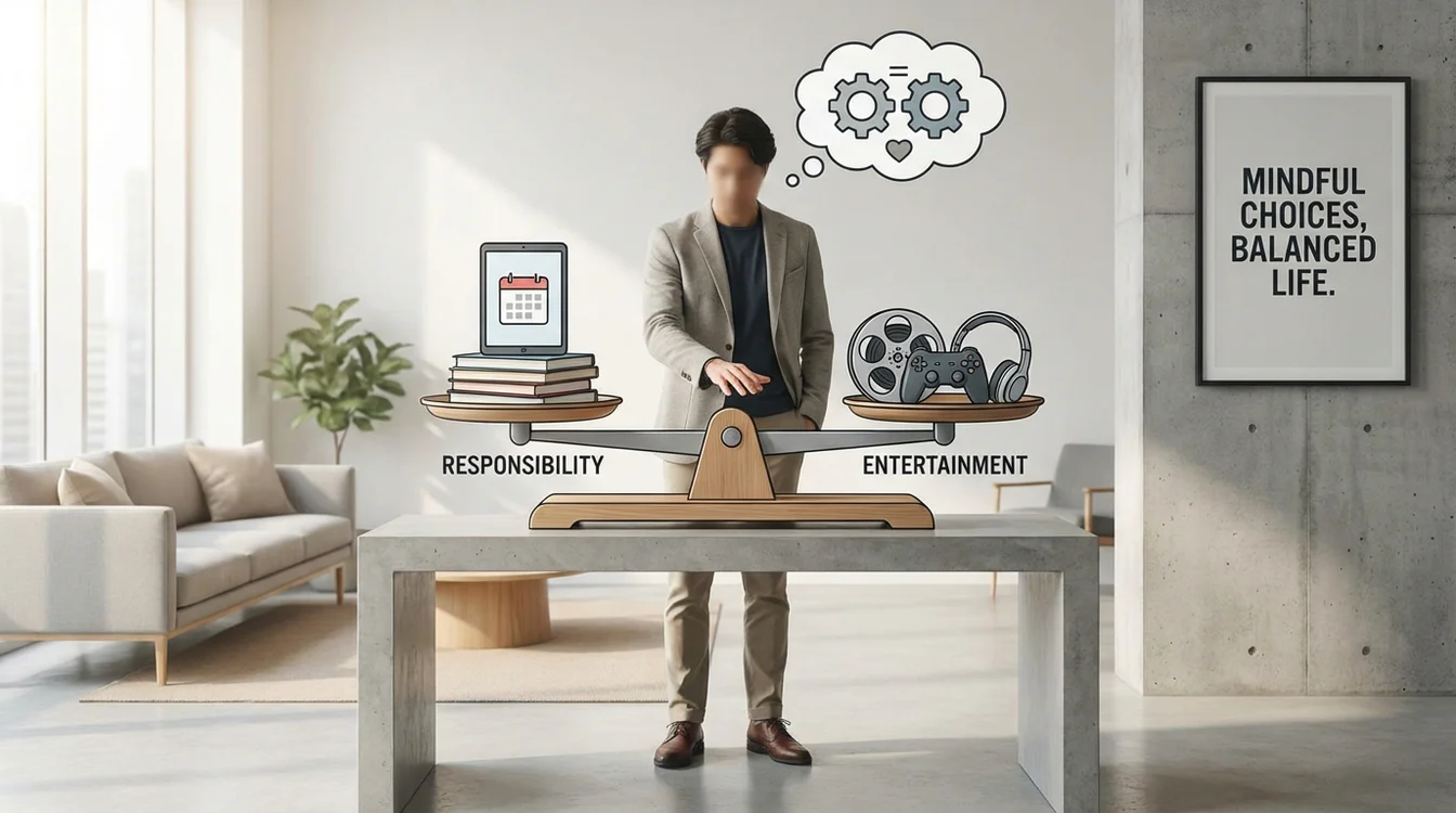 Illustratie van balans tussen entertainment en verantwoordelijkheid