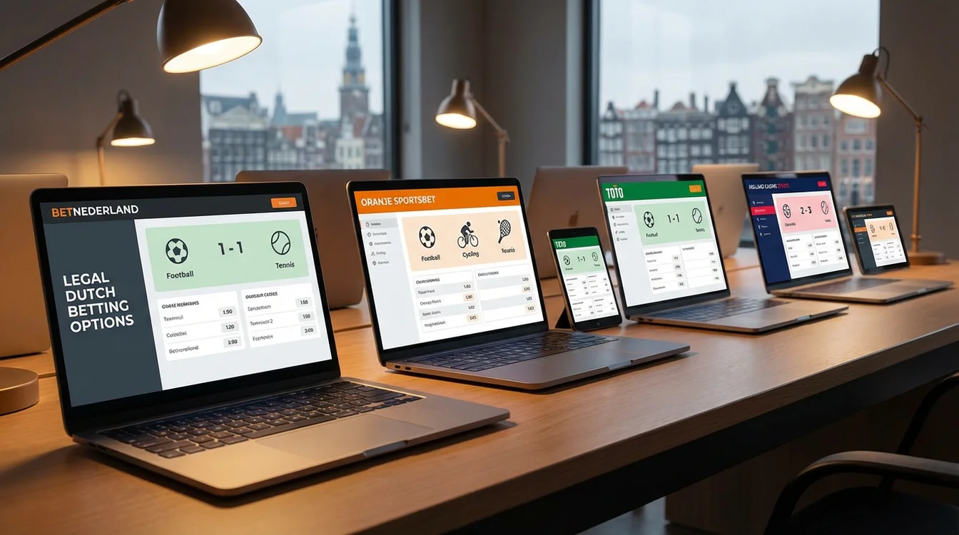 Logos en interfaces van verschillende Nederlandse bookmakers naast elkaar
