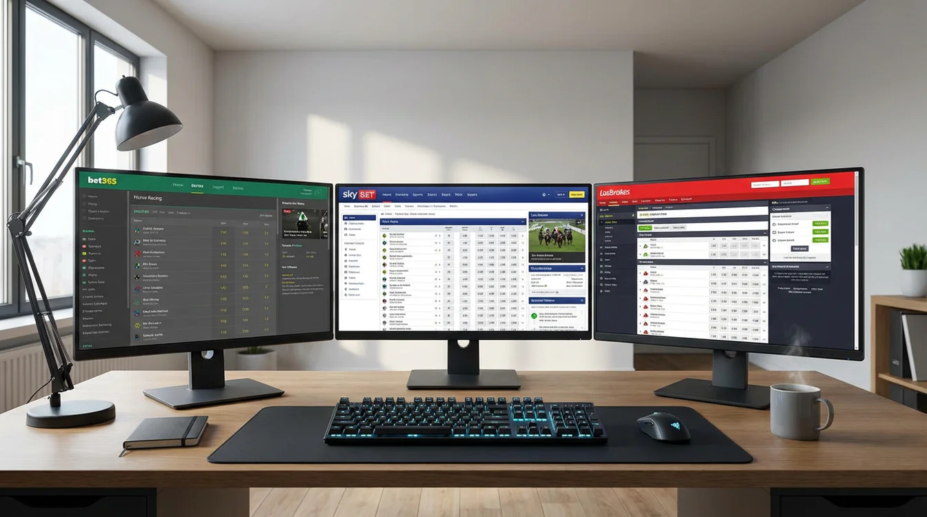 Meerdere schermen met verschillende bookmaker websites voor vergelijking