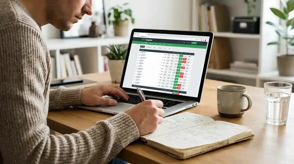 Persoon vergelijkt odds op laptop met notitieblok ernaast
