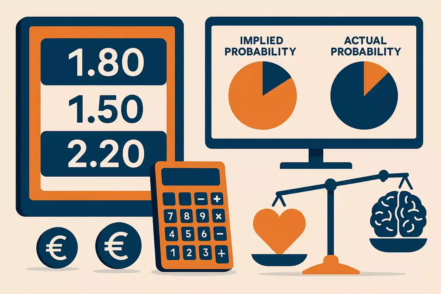 Digitale illustratie van odds analyse met percentages, calculator en balans tussen emotie en logica voor value betting