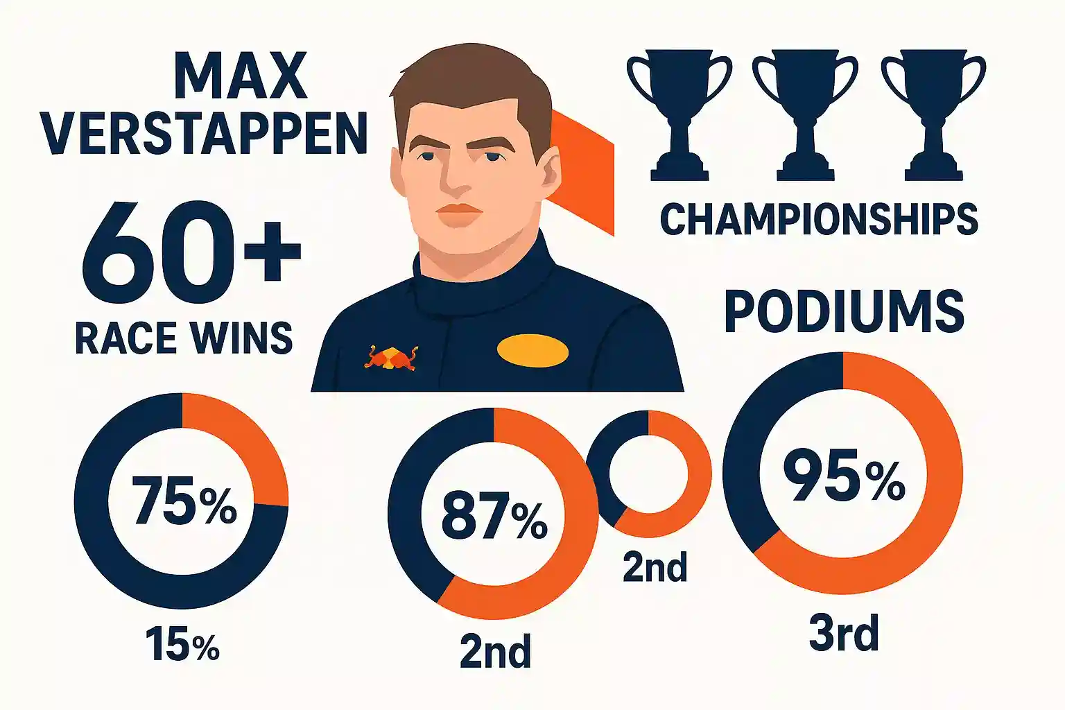 Infographic met Max Verstappen statistieken: vier wereldtitels, meer dan 60 overwinningen en podiumpercentages