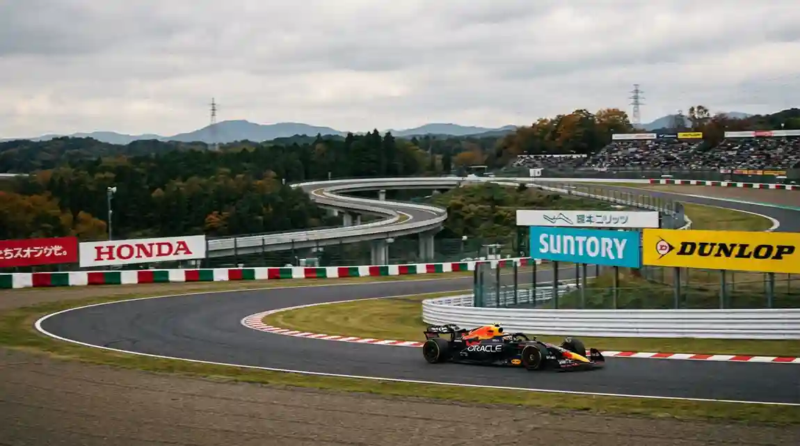 Formule 1-wagen neemt een snelle bocht op het circuit van Suzuka in Japan