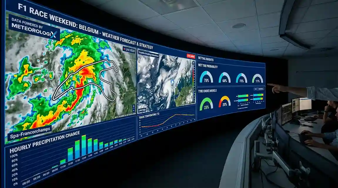 Weersvoorspelling en radar op een scherm voor race-analyse