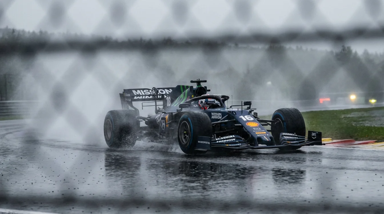 F1-coureur navigeert door zware regenomstandigheden op het circuit