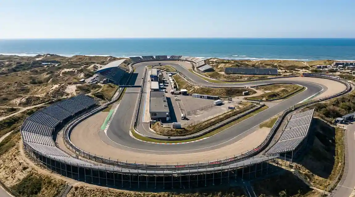 Luchtfoto van Circuit Zandvoort met de kenmerkende gebankte bochten